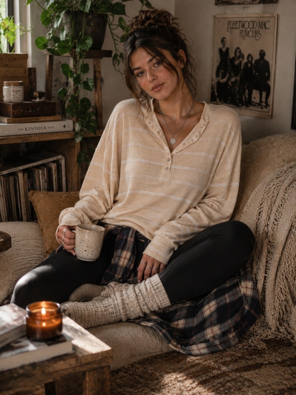 Cream Striped Oversized Henley Top | Coastal Boho Lounge Shirt